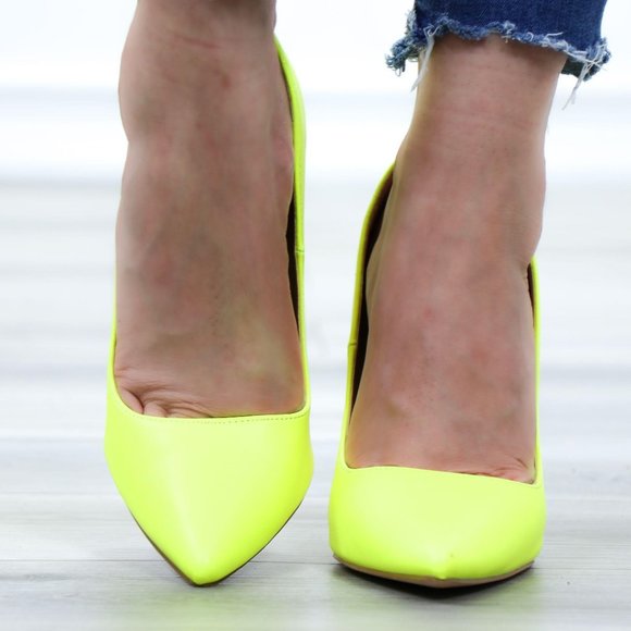 Neon Yellow Faux Leather Pointy Toe High Heels - Picture 11 of 14